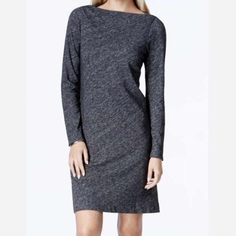 Eileen Fisher Organic Cotton Wool Blend Bateau Neck Dress Marled Charcoal Sz S